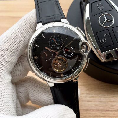 Cartier Ballon Bleu Replica Watches - Black Dial Black Leather Strap